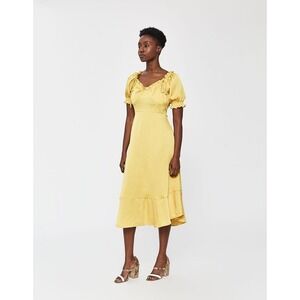 Farrow Yellow Satin Ruffle Tie Neck Midi Dress Size M